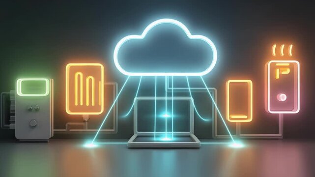 Neon cloud computing network with a central cloud connected to multiple devices like phones, tablets, and a laptop.
