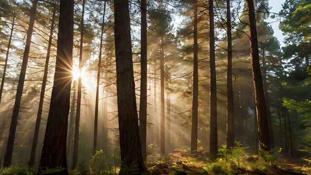 sunlight streaming through tall pine trees, mist rising from the forest floor, soft golden glow