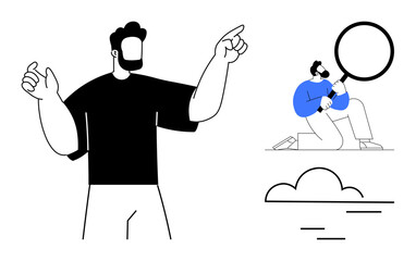 Man in black shirt pointing ahead, smaller figure with magnifying glass examining details near cloud. Ideal for analysis, growth, vision, discovery, leadership, innovation teamwork. Simple flat
