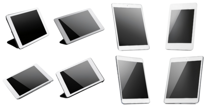 Various Angle Display of Modern Tablets Isolated on White Background, isolated on transparent background