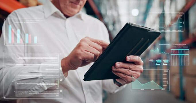Hands, overlay and tablet with person in warehouse for inventory, stock or storage management. App, digital data and supply chain statistics with employee man in depot for logistics or planning - Powered by Adobe