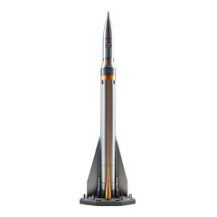 Modern tall rocket model, side view, sleek metallic design, isolated on black