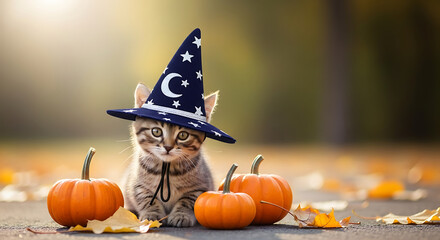 Naklejka premium Adorable Cat Wearing Wizard Hat with Pumpkins on Autumn Leaves