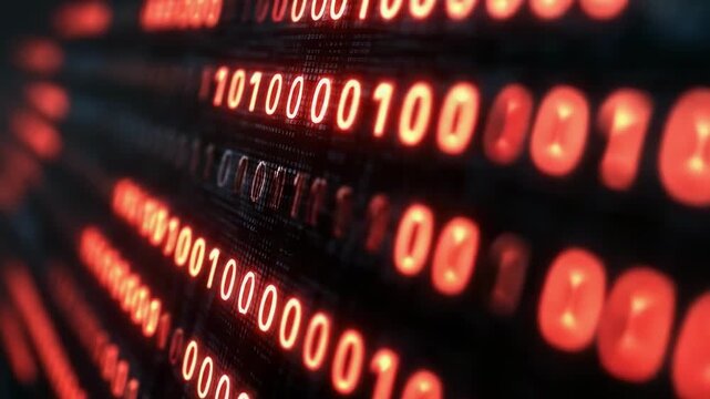 Glowing red binary digits (0s and 1s) streaming across a dark digital screen.