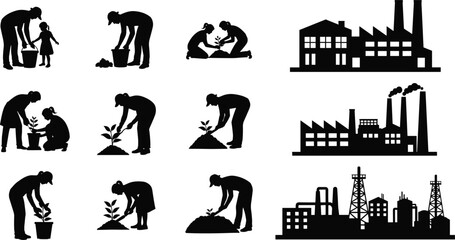 Silhouette, people, planting, nature, environment, children, teamwork, sustainability, factory, pollution, contrast, green, industrial, growth, ecology, nurture, climate, care, future, awareness