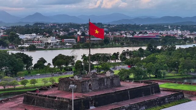 Aerial view of Hue Citadel and view of Hue city, Vietnam. Imperial Royal Palace of Nguyen dynasty.