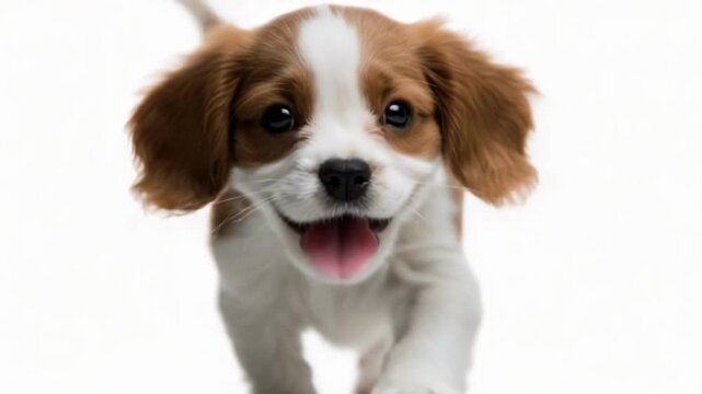 A cute brown-and-white puppy with floppy ears and a happy, open-mouthed expression.