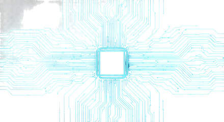 Abstract glowing blue circuit board with central processor isolated on transparent background