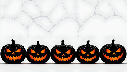 Spooky Black Halloween Pumpkins with Glowing Faces, White Background