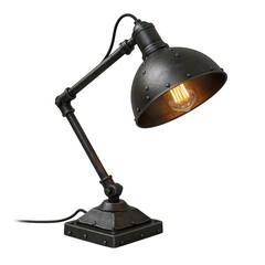 Vintage industrial desk lamp with exposed bulb isolated on transparent background