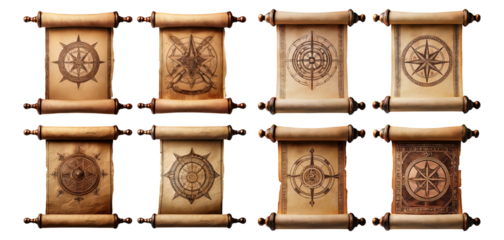 Vintage Nautical Maps and Compasses on Aged Scrolls Background, Isolated on Transparent, white background