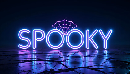 Dual-Tone Neon 'SPOOKY' Title with Spiderweb Above Wet Ground Reflection