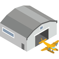 Yellow Airplane Parked Outside a Gray Hangar Building with Open Doors and Blue Window Detail