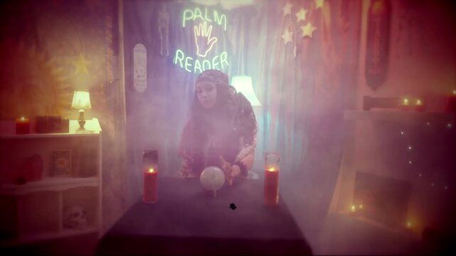 The interior of a psychic palm reader, fortune teller room, with a gypsy woman waving her hands around a magic electric crystal ball. With neon lights, candles and various spiritual materials.