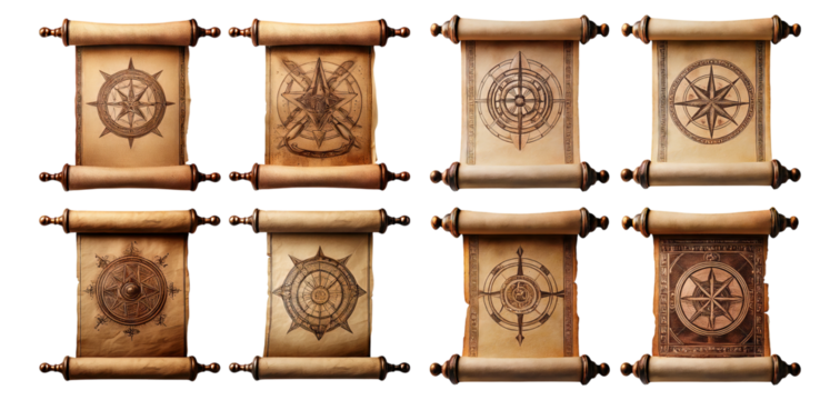 Vintage Nautical Maps and Compasses on Aged Scrolls Background, Isolated on Transparent, white background