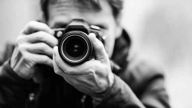 A photographer holding a camera up close, lens facing the viewer.