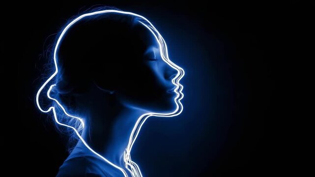 A blue neon outline forms the silhouette of a woman's head in profile against a dark background.
