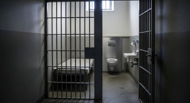 Stark Prison Cell Interior: Bars, Bed, and Minimalist Amenities in Cold Light