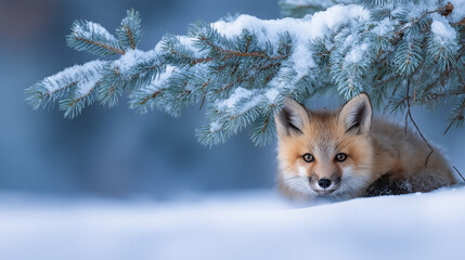 Obraz premium A fox sits under the branches of a snow-covered Christmas tree in the forest.