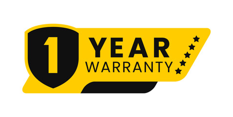 Modern 1 year warranty badge vector design in yellow and black with shield. Guarantee label icon logo for product packaging, advertisement, and marketing use