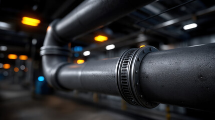 Obraz premium Close up view of interconnected metal pipe and ductwork in industrial interior with textured steel surface and warm ambient lighting, conveying mechanical atmosphere and engineered infrastructure