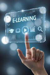 Hand touching on virtual screen E-learning Education Internet Technology Webinar Online Courses concept