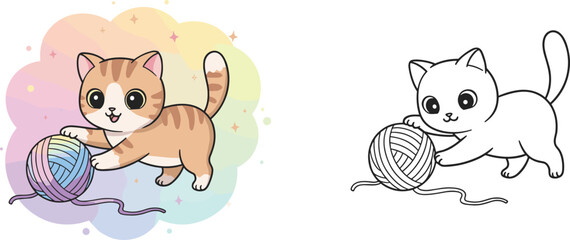 Cartoon cat playing with yarn, coloring page, orange striped kitten, pastel rainbow background, fun, cute, kids, activity, illustration, art