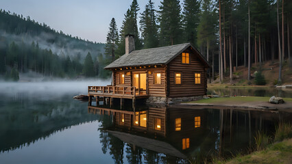 Fototapeta premium house on the lake, wooden cabin beside a calm lake surrounded by pine trees, early morning mist