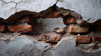 Cracked plaster wall broken brick exposed masonry texture with peeling paint and decay, gritty surface and crumbling mortar creating weathered urban ruin aesthetic