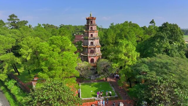 Aerial view of Thien Mu pagoda in Hue, Vietnam, one of the ancient pagoda in Hue city.