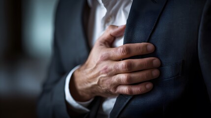 Obraz premium Man clutching chest in pain, possible heart attack or chest pain.