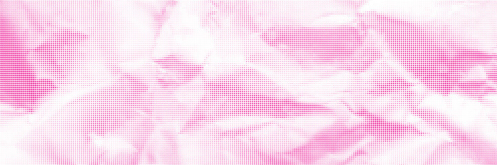 Magenta cmyk halftone wrinkled newspaper bg with circle dot pattern. Pink crumpled paper with duotone raster texture. Grainy vintage graphic. Vector illustration