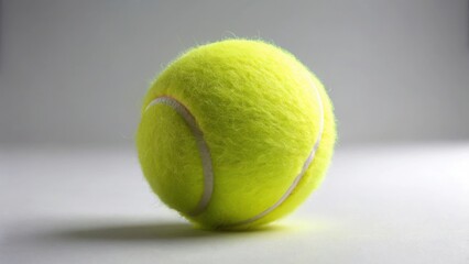 A single bright yellow tennis ball with a white seam and stitching on a plain light gray background