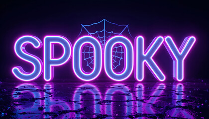 Purple Neon 'SPOOKY' Sign with Spiderweb Backdrop and Floor Reflection