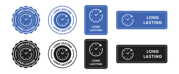 Long lasting icons set, logo, label, badge, symbol, arrow, stamp, black, line, flat vector, isolated illustration. Pharma or beauty label for product packaging design. Hourglass, time, clock icon.