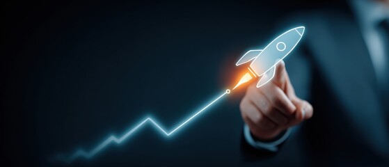 Businessman pointing at glowing rocket chart showing growth and innovation with dynamic light trail and upward arrow, energetic and optimistic