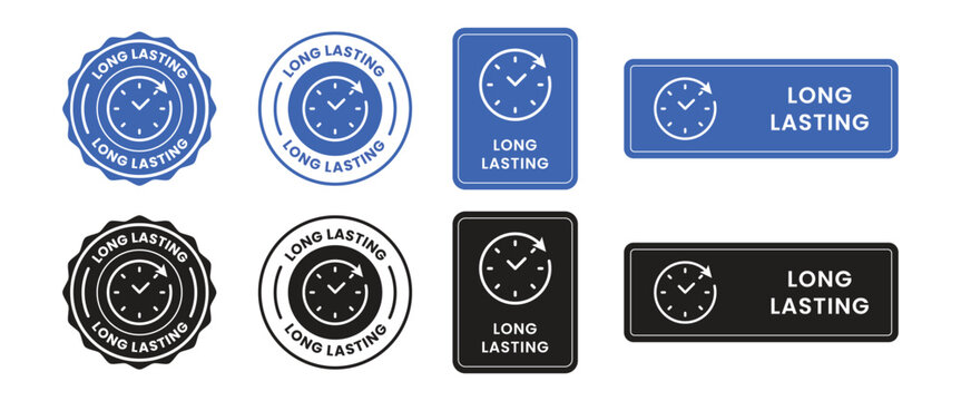 Long lasting icons set, logo, label, badge, symbol, arrow, stamp, black, line, flat vector, isolated illustration. Pharma or beauty label for product packaging design. Hourglass, time, clock icon.