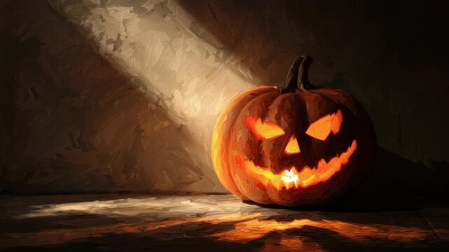 Digital jack o lantern illustration, close-up digital artwork of a jack-o&rsquo;-lantern with candle inside, dramatic shadows, high detail, refined lighting effects