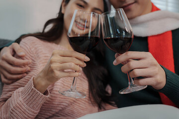 Happy couple wearing Santa hats enjoying wine together on the sofa beside a decorated Christmas tree, celebrating the festive holiday season at home.