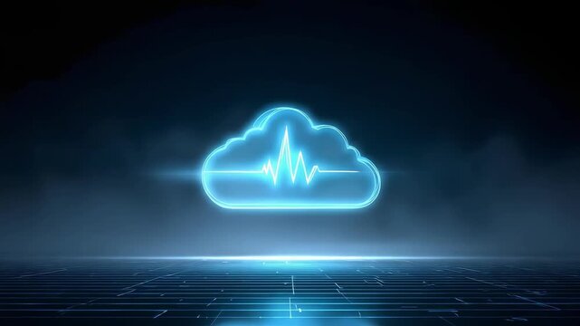 Neon blue cloud icon with a heartbeat line, symbolizing cloud computing and cloud data monitoring.