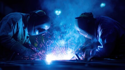 Two welder welding spark metal fabrication industrial protective helmet workshop