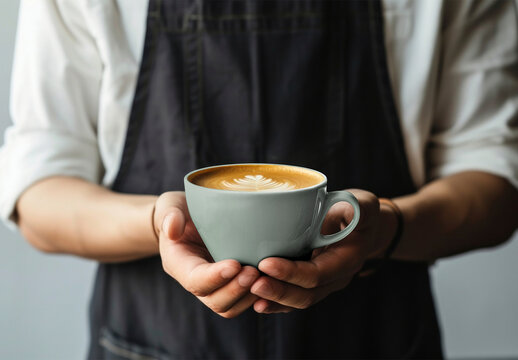 Barista Holding Crafted Latte Art Cup Mockup PSD