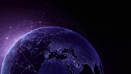 Purple space scene with Earth at the edge and a web of glowing network lines and nodes spanning the globe, symbolizing global connectivity.