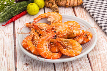 Tasty hot big boiled prawns