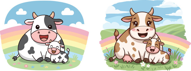 Cartoon cow family, cute calf illustration, pastoral animal scene, rainbow sky background, smiling cows artwork, children’s farm design, colorful nature image
