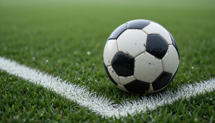 Naklejka premium Close up of a weathered soccer ball resting on the green grass of a field next to a white boundary line