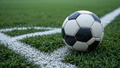 Classic soccer ball resting on the green field, ready for kickoff or practice, inspiring teamwork, fitness, and the thrill of victory on game day