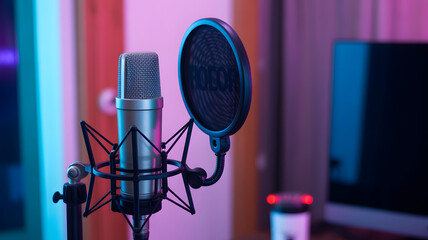 Professional Condenser Microphone with Pop Filter in Modern Recording Studio with Neon Backlighting for Podcasting