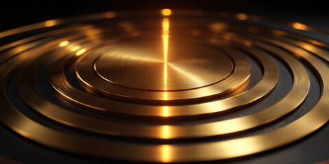 Obraz premium Golden metallic concentric circle with warm reflective light and radial texture creating elegant abstract pattern and cozy glow