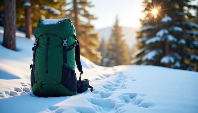 Winter adventure gear green backpack on snowy trail with sunlit pine trees in cold mountain wilderness - Powered by Adobe